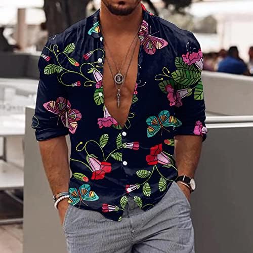 Zddo Mens Hawaiian кошули со долги ракави копче надолу по хипи лапел јака на плажа врвови тропски цветни принт алоха кошула