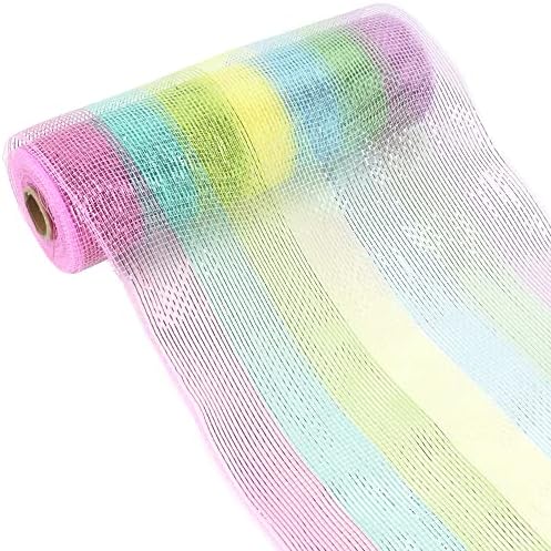 MEEDEE Rainbow Deco Mesh 10 инчи пастелно виножито мрежи лента ткаенина мрежа ролна декоративна мрежа за венци за роденден за роденден на виножито