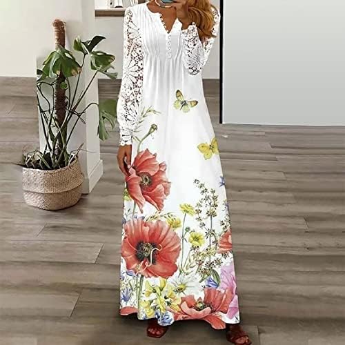 Летни макси фустани за жени бохо цветни печатени фустани со долги ракави секси V вратот чипка, шупливо копче долги фустани