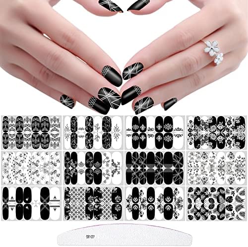 Jerclity 168 парчиња 12 листови црни бели нокти обвивки за кратки нокти за нокти полски ленти со цвеќиња за нокти, лисја геометриски