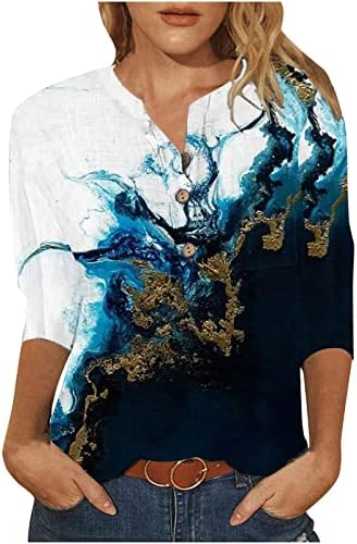Женски пад на врвовите случајно 3/4 ракав блуза симпатична вратоврска боја печати тунична маичка копче случајно лабава лесна лесна