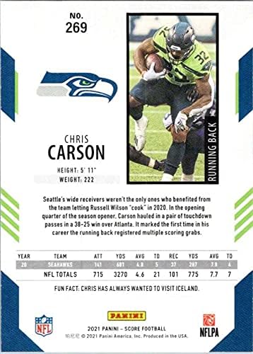 2021 Резултат 269 Крис Карсон Сиетл Сиетл Seahawks NFL Football Trading Card