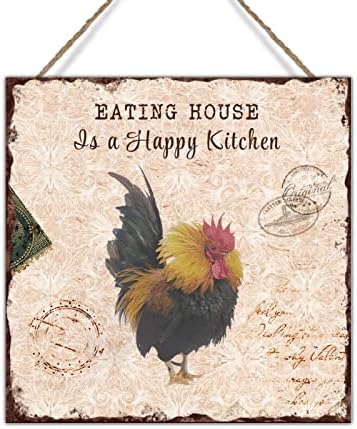 Јадењето куќа е среќна кујна дрво знак wallид декор фарма, кокошка пилешка wallид декор, смешен петел животински петел дрвена врата