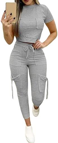 Мејдили облека со две парчиња за жени со краток ракав за жени со џебови со џебови цврсти култури на врвни панталони за влечење