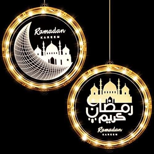 Хортсун 2 парчиња Еид Рамазан Декоративни прозорец светла Месечина starвезда предводени светла Рамадан светла украси за Ејд Мубарак Божиќ