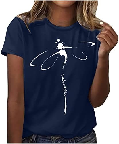 Womenените врвови со печатена маица печатена маица блок со краток ракав маица круг врат лето врвот лабава обична облечена блузи