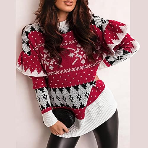 Женски џемпери во боја на бои, рафле со долг ракав, пулвер, плетен скокач, божиќен џемпер за снегулка