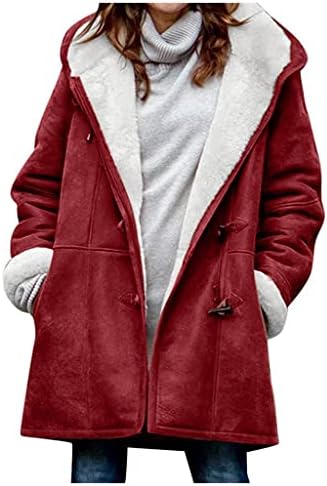 Аскобо палта за жени облечени женски зимски палто за зимски ровови, солидно копче, лесни јакни со лесна категорија, плус големини со качулка