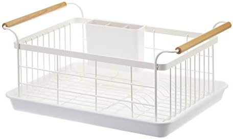 Yamazaki домашен мијалник за мијалник, држач за организатор за сушење кујна, една големина, бел челик + дрво | Рак за садови и мијалник за одводнување