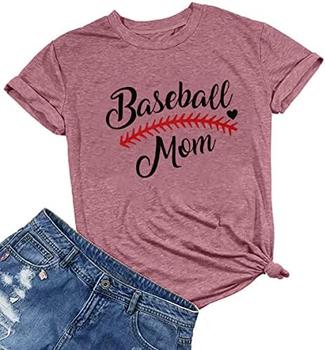 Бејзбол мајки кошули за жени графички кошули за срце, бејзбол мама маичка со необична буква печатење врвови