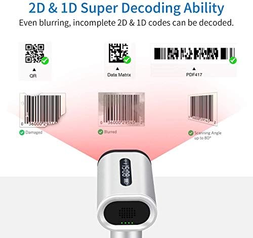 2D безжичен скенер за баркодови со Bluetooth со екран на екранот, DataMatrix QR Code PDF417 Рачен читач на баркодови за екран и скенирање