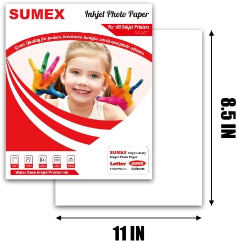 Sumex 260GSM X50 Висока сјајна водоотпорна водоотпорна инк -џет Фото хартија Единечна страна 8,5 × 11 инчи 50 листови со големина 260gsm