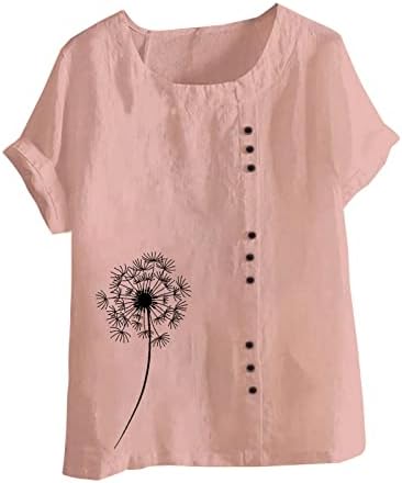 Женски 2023 летни блузи Обични кошули со екипаж со кратки ракави копче маица Грамчиња графички маички лабава блуза
