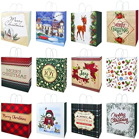 ЏОЈИН 24 Парчиња Божиќни Торби За Подароци Од Крафт Хартија Со Рачки Од Канап, 12 Х 12 Х 5 Големи Божиќни Торби За Подароци со 12 Дизајни за