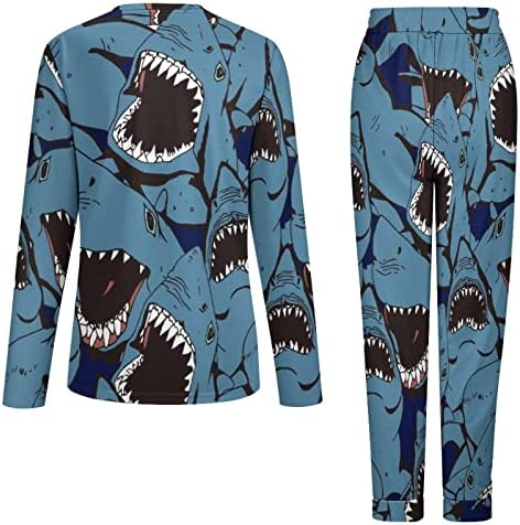 Angените пижами на лута ајкула поставија две парчиња долги ракави врвот и панталоната за спиење за спиење