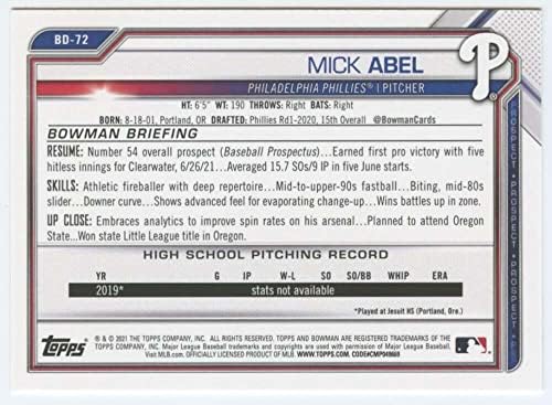 2021 Bowman Draft BD-72 Mick Abel RC Rookie Philadelphia Phillies MLB Baseball Trading Card