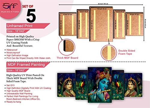 SAF сет од 5 Radhe Krishna со двојно паун УВ текстуриран декоративен декоративен подарок ставка MDF панел слика 18 инчи x 42 инчи