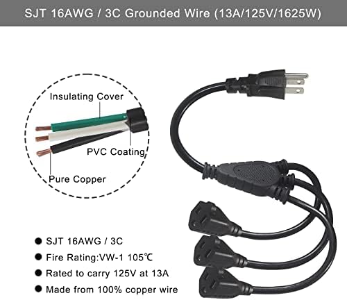 Кабел за проширување на сплитер на 3-излез од 3-излез-3 пронг 1 до 3 пат кабел за продолжување на сплитер за напојување, 1FT 16AWG