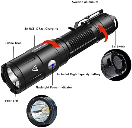 Soonfire DS35 Ultra-Bright LED фенерче, тактичка фенерче со високи лумени, 360 двор фрлаат за тактичко спроведување на законот за фенерче, пешачење,