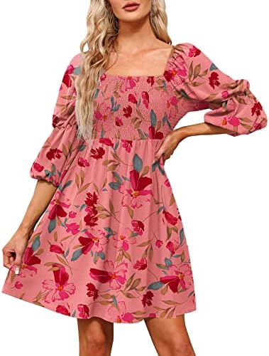 Летен фустан на HCJKDU Subleи женски летен фустан на плоштад вратот, пукан цветен принт секси мини фустани, обичен лабав проток краток фустан