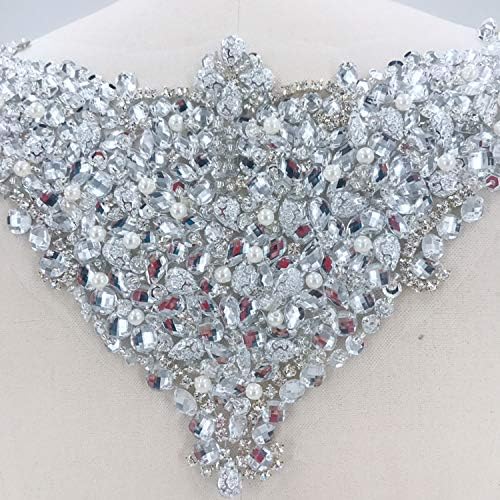Сребрена грб Кристал Апликација Rhinestone, брада, чипка, чипка на чипка, кој е акцент на венчаница за венчаница