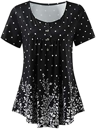Женски лето плус големина Туника врвови со кратки ракави блузи, шишиња на обични блузи, обични цвеќиња на Хенли кошули