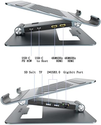 Стенд за лаптоп со докинг на USB C, штанд со таблети Wavlink со USB C Hub, Dual 4K HDMI, 2 USB 3.0, Gigabit Ethernet, PD 100W,