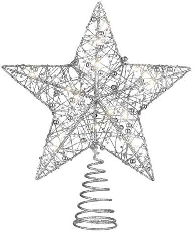 Nuobesty Божиќна Елка Ѕвезда 1pc, Сребрена Трепкачка Дрво Светло Шуплива Жица Сјајот Божиќна Елка Ѕвезда Дрво Ѕвезда Топер Светла За Божиќ