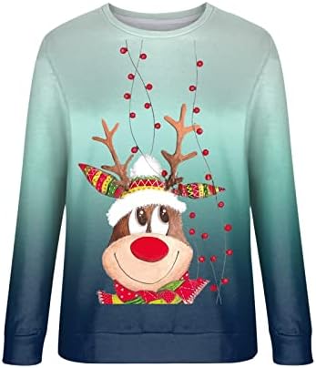 Badhub Christmasенски Божиќни ирваси за џемпери градиент Графички графички печатени врвови со долги ракави, обични кошули во боја на