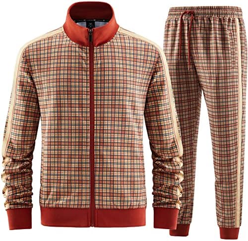 W jianwang машки тренерки со долг-зип со долги ракави карирани џогирање поставуваат активни јакни и панталони 2 парчиња облеки