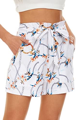 Кингфен шорцеви за жени bowknot belted обични еластични еластични шорцеви со високи половини летни шорцеви на плажа за жени со џебови