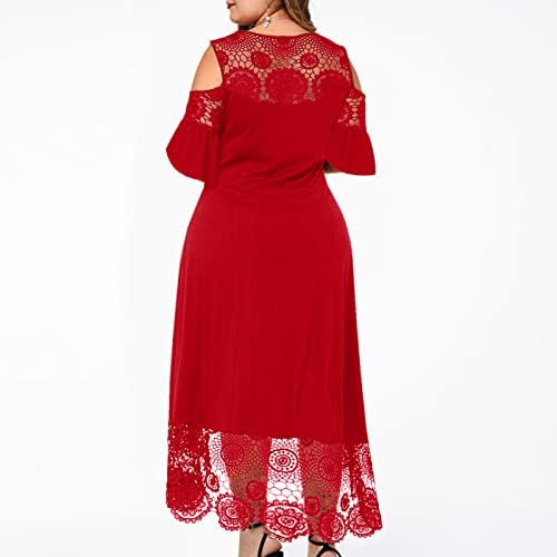 Iuhan Sundresses за жени ладно рамо чипка плус големина Алин замав макси долга сонце фустан со краток ракав за коктел фустан за коктел