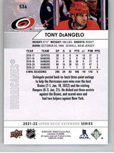 2021-22 Горна палуба Продолжена 536 Тони Де Ангело Каролина Урагани НХЛ хокеј за трговија со хокеј