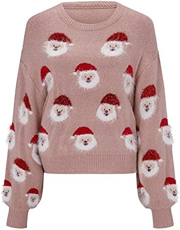 Грд божиќен џемпер за жени Симпатична шема на Дедо Мраз Клаус плетен долг ракав горниот трепки чипка лесен пуловер 2022