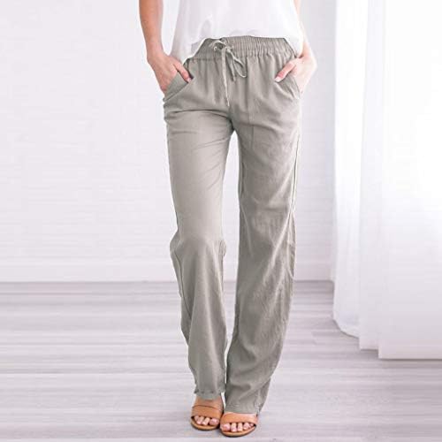 Чувајте обични Прави Панталони За Жени Половината Со Врвки Цврсти Долги Панталони Со Џеб Лен Памучни Еластични Панталони За Половината