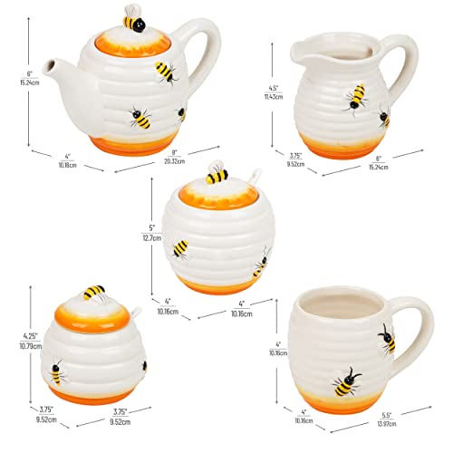 Maison Sucasa 8PC Honeybee чај сет, вклучува чајник, сад и лажица, кремаер, шеќер и лажица и 4 чаши, сет од 8, мулти-боја