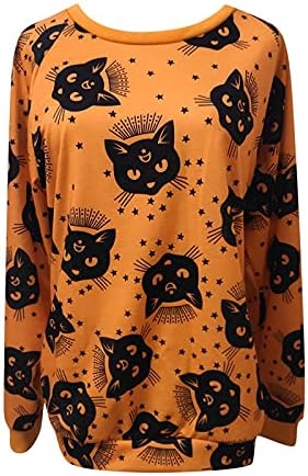 Флекманарт тиква џемпер за Ноќта на вештерките жени екипаж животински мачки лилјак печати долг ракав обичен лабав слатки празнични кошули