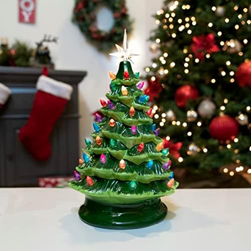 Божиќ е засекогаш осветлена керамичко дрво, 16 инчи зелено дрво со разнобојни светла