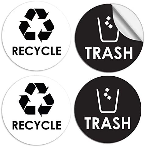 Налепница за рециклирање и отпадоци може - 4 x4 црно -бело тркалезно етикета 4 пакет сет - Организирајте канти за отстранување кујна и канцеларија