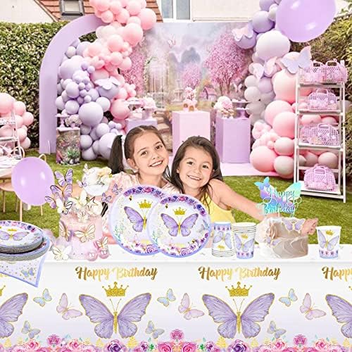 Декорации за роденденска забава за пеперутка бебешки туш таблички за девојче, 24 порции со пурпурни плочи за хартија од пеперутка, салфетки,