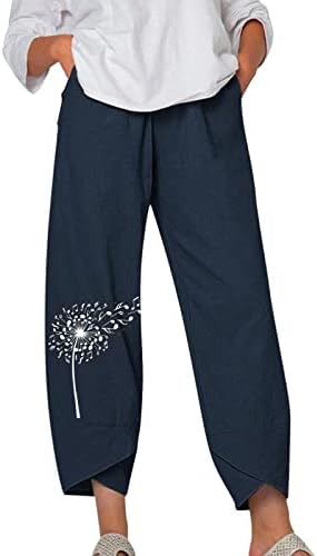 Обични панталони со капри за жени трендовски памучни постелнини џемпери цветни печати плус големина буги харем панталони со џебови