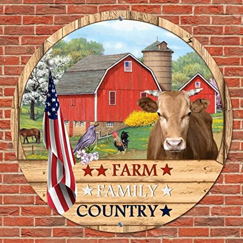 Тркалезен метален знак Плакета рустикално дрво жито фарма семејство земја патриотска американска знаме и фарма животни смешна просторија