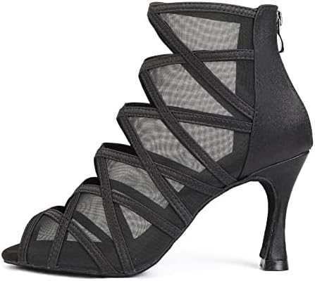 Tinrymx женски латински танцувачки чизми сатен салса танго перформанси вежба за танцување чевли, модел-цил445, црно-7,5 см-5 САД САД