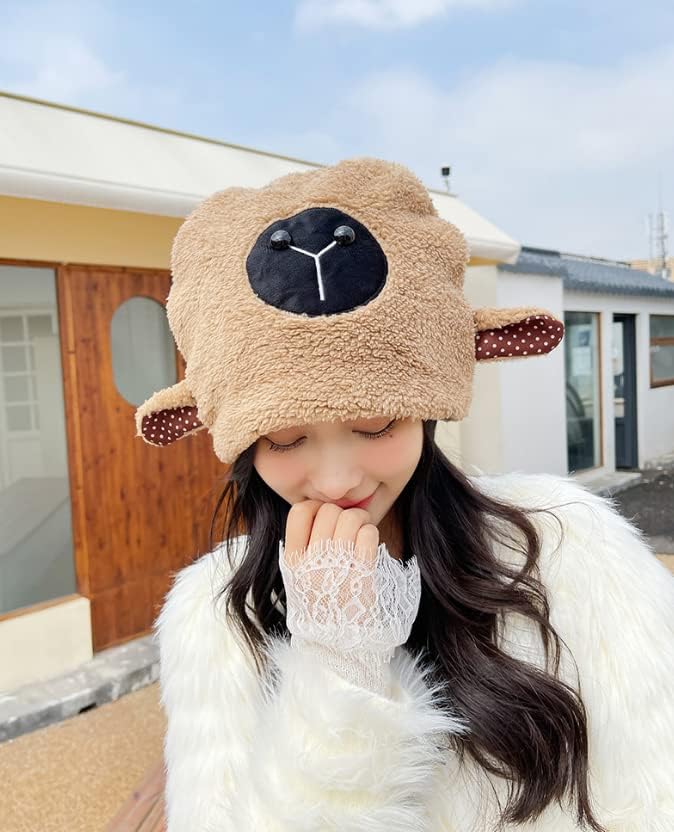 Симпатична овца уво Зимски череп Бејни капа топла густа плишана јагнешко волна капа за жени девојки