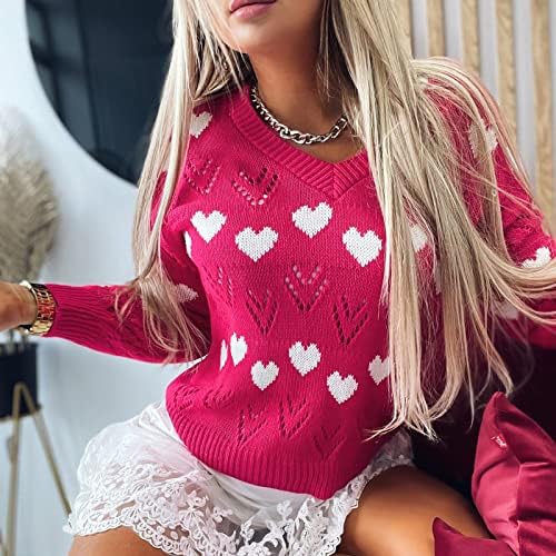 Grlyенски грди џемпери со долги ракави секси плетени врвни блузи случајни срцеви печати плетени џемпер врвни Божиќни врвови