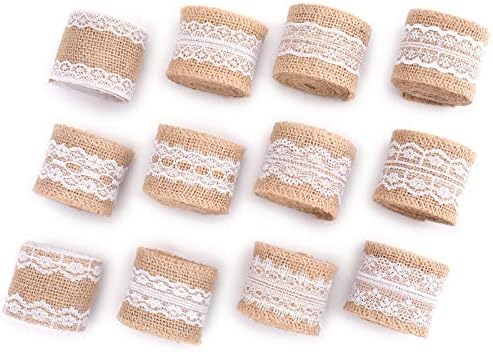 Foraineam 24 јарди Бурлап лента, 12 ролни природни панделки од чипка со бели чипка во 12 разновидни стилови за DIY домашна свадба за свадба