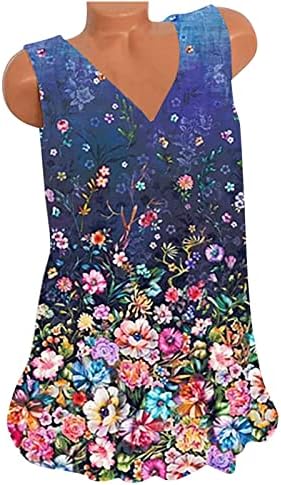 Резервоари врвови за женски обични цвеќиња од цвеќиња од туники лето V вратот гроздобер резервоар за ракави маици кошули