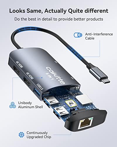 Cakitte 9 во 1 Докинг станица Двојна монитор и 3 во 1 USB C до двојно HDMI адаптер