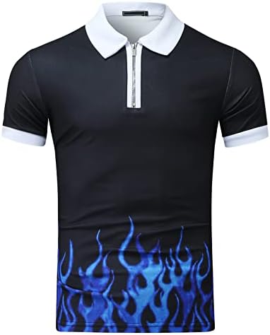 Ubst Zipper Polo кошули за мажи, летен пламен печати тенок вклопување со кратки ракави маица вртење јака обичен голф врвови плажа тропски