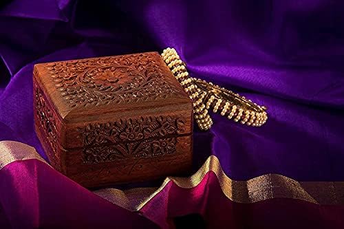 Рачно изработена дрвена кутија за накит за жени Организатор на накит од дрво рачно со сложени предмети за подароци за резби - 4x4 инчи,
